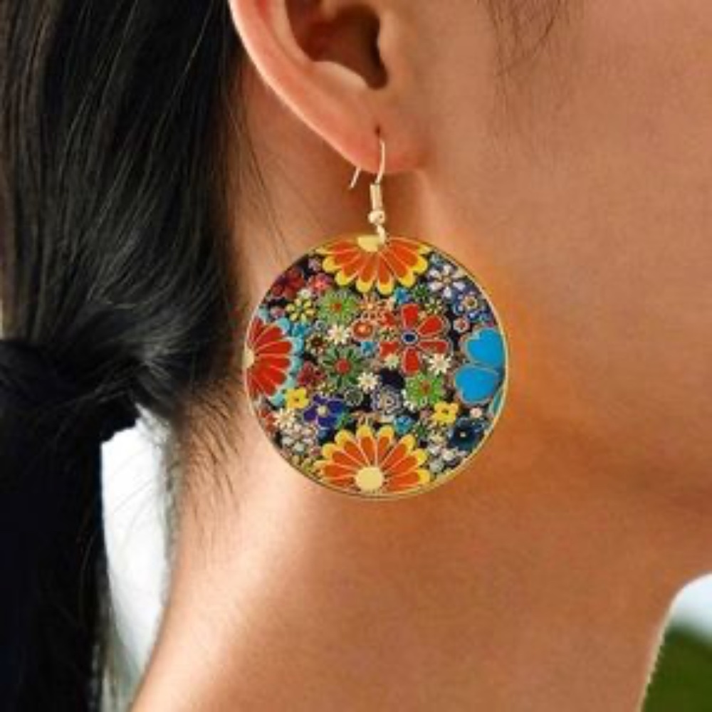 70’s CLOISONNÉ INSPIRED FLOWER POWER DISC EARRINGS RETRO